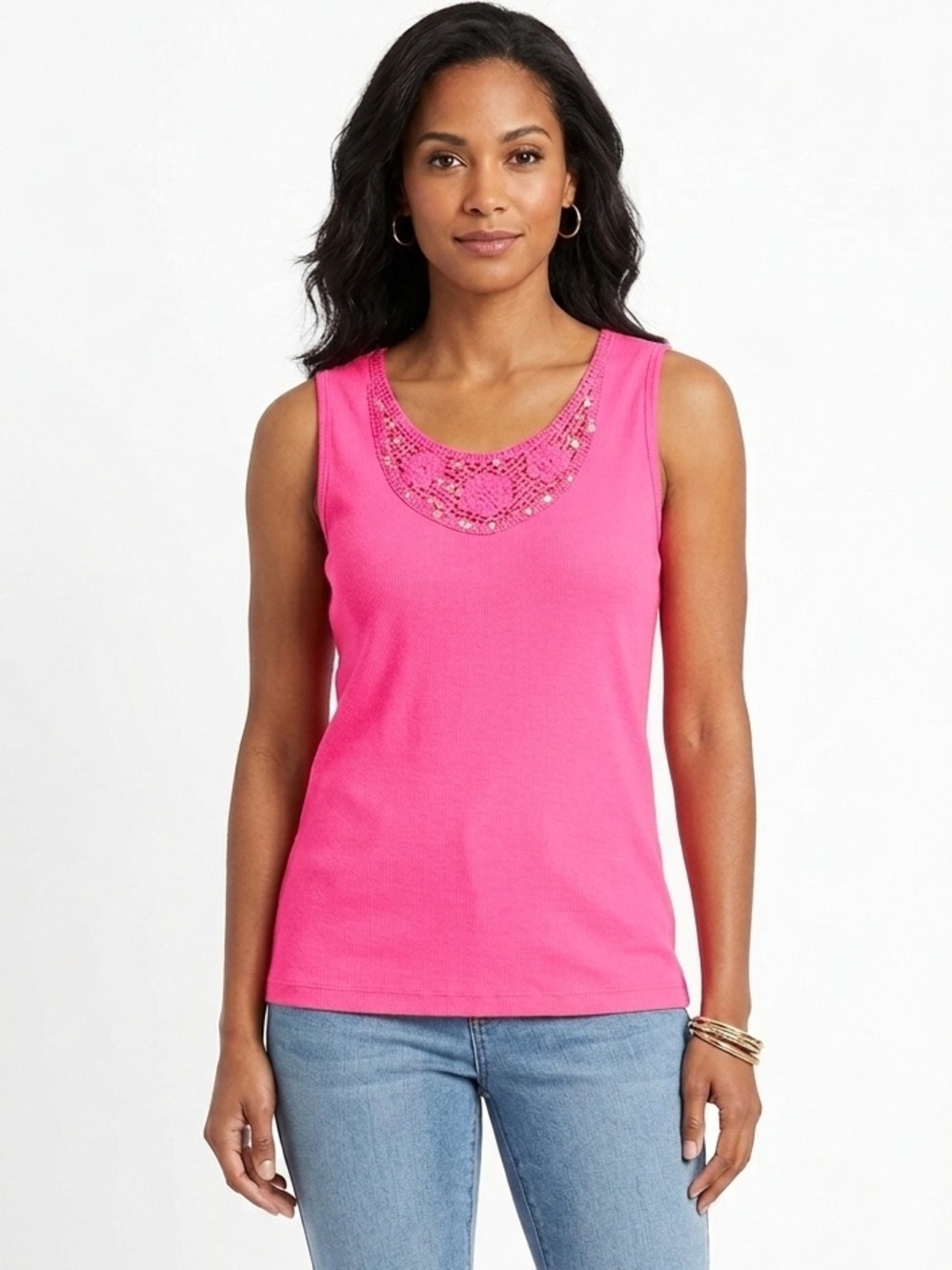 Bit & Bridle Coral Pink Crochet-Neck Tank Top